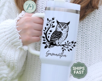 Personalized Owl Tumbler, Owl 40oz Tumbler with handle, Owl Themed Gift, Owl Travel Tumbler Cup, Owl Lover Custom Tumbler with straw