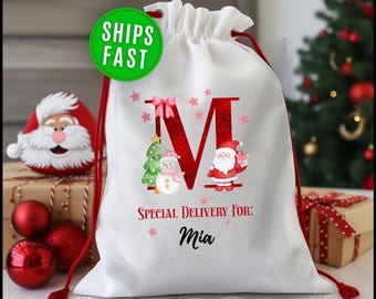 Custom Girl Santa Sack, Personalized Girl's Initial Christmas Santa Gift Bag for Girl's Christmas Name Initial Christmas Santa Present Bag