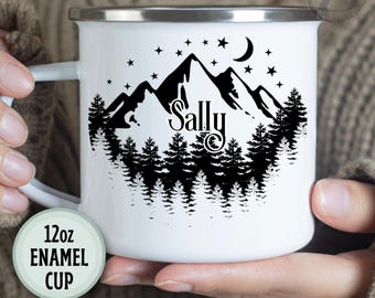 Personalisierter Berg Lagerfeuer Becher, Waldkaffeetasse Emaille Camping Becher, Benutzerdefinierte Berg Camping Becher, Benutzerdefinierte Emaille Abenteuer Becher