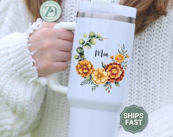 Birth Flower Personalized 40oz Tumbler, Custom Birth Flower Tumbler with Handle, Birth Month Flower Tumbler, Bridesmaid Proposal Cup Gift