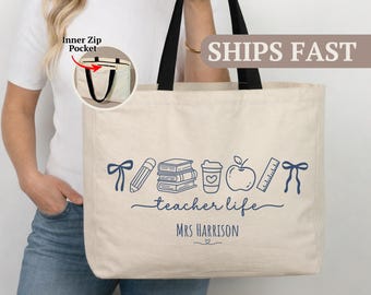 Coquette Teacher Weekend Tote Bag, Personalized Crayon Teacher Work Essentials Canvas Bag, Teacher Appreciation Gift, Teacher Bow Bag