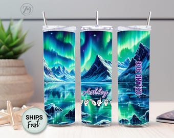 Aurora Borealis Personalized 20oz Skinny Tumbler, Northern Lights Custom Gift For Travel Holiday, ASL Tumbler Gift, Travel Tumbler
