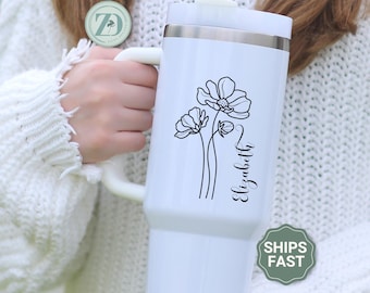Birth Flower 40oz Tumbler Personalized, Birth Flower Tumbler for Mom, Birth Month Flower Tumbler with Handle, Birthflower Tumbler Gift