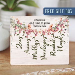 May include: A wooden plaque with a floral design and the text "It takes a long time to grow old friends." Names Zoe, Anne, Molly, Penelope, Rachel, and Hazel are also displayed. The words "FREE GIFT BOX" are at the top.