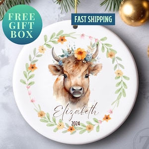 Cow Christmas Ornament Personalized, Farmhouse Ornaments, Custom Girl Ornament, Farm Animal Ornament, Cow Gifts for Cow Lovers