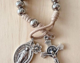 Catholic Rosary- One Decade Rosary-  Pocket Rosary- Stainless Steel Beads- Miraculous Medal and St. Benedict Crucifix