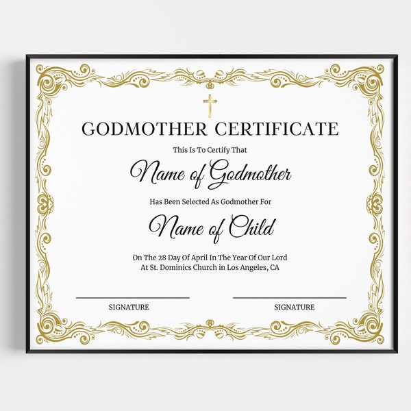 Godmother Certificate Template, Editable Godmother Certificate, Printable Godmother Certificate, Baptism Certificate, Godmother Gift