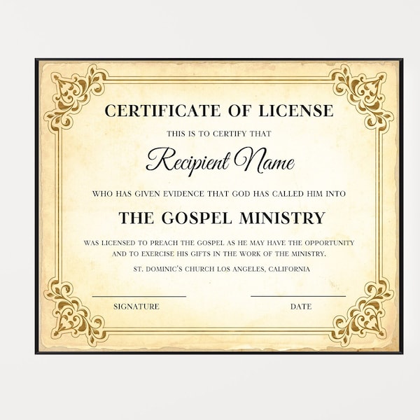 Certificate Of License Template, Editable License To Preach Certificate, Minister License Certificate, Ministry License Certificate