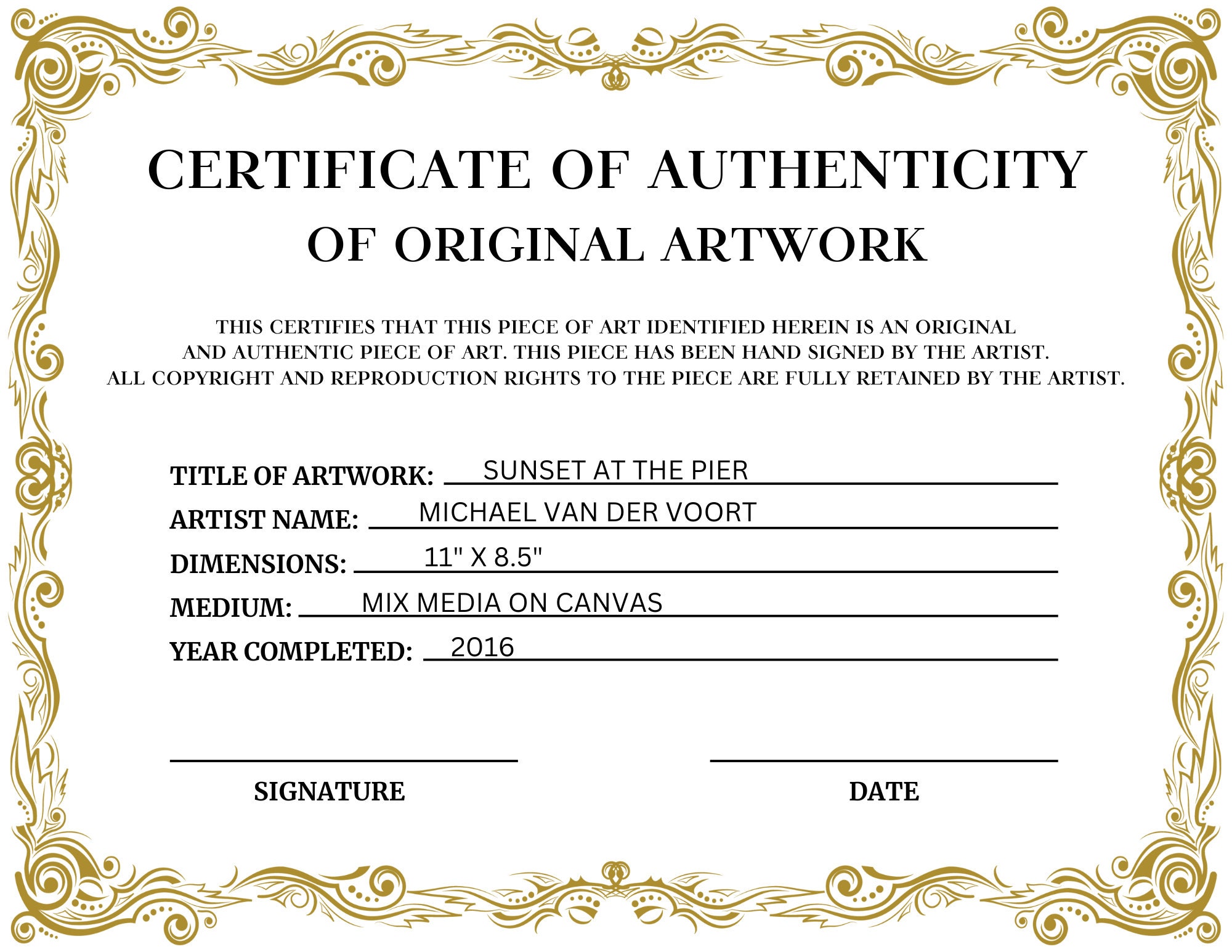 Editable Certificate of Authenticity for Artwork, Certificate of Editable Certificate of Authenticity for Artwork, Certificate of