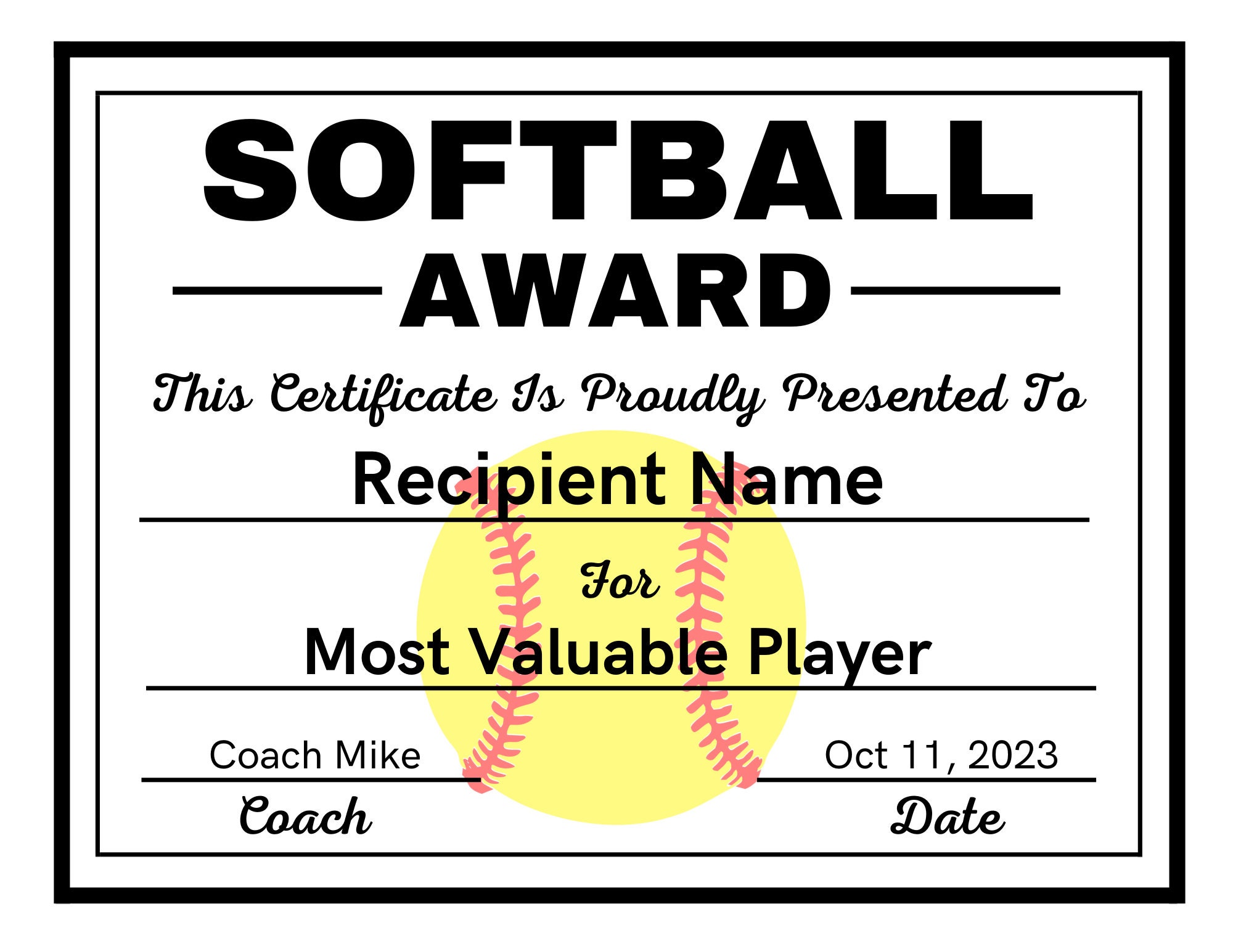 Softball Certificate Templates