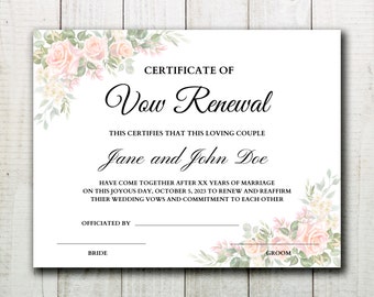 Printable Vow Renewal Certificate Editable Wedding - Etsy