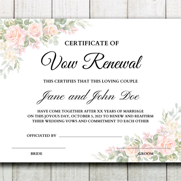 Vows Renewal Certificate, Editable Vows Template, Wedding Vow Template, Printable Vows Template, Canva Template, Instant Download