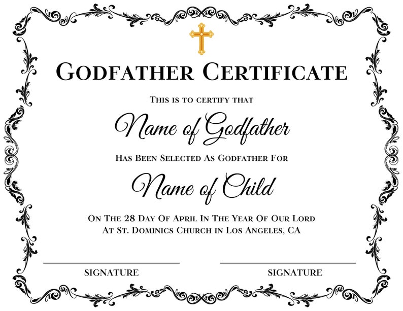 Godfather Certificate Template Christening Certificate Etsy