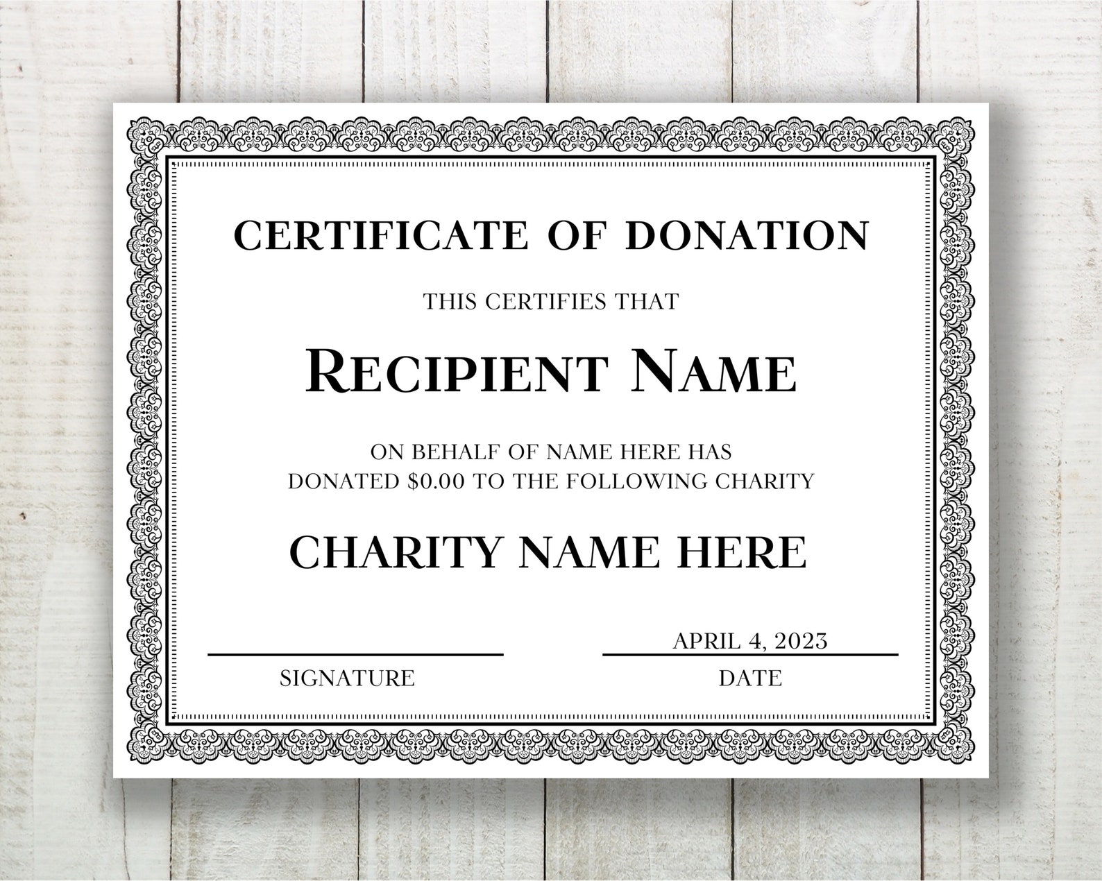 Editable Donation Certificate Template, Printable Certificate of Editable Donation Certificate Template, Printable Certificate of