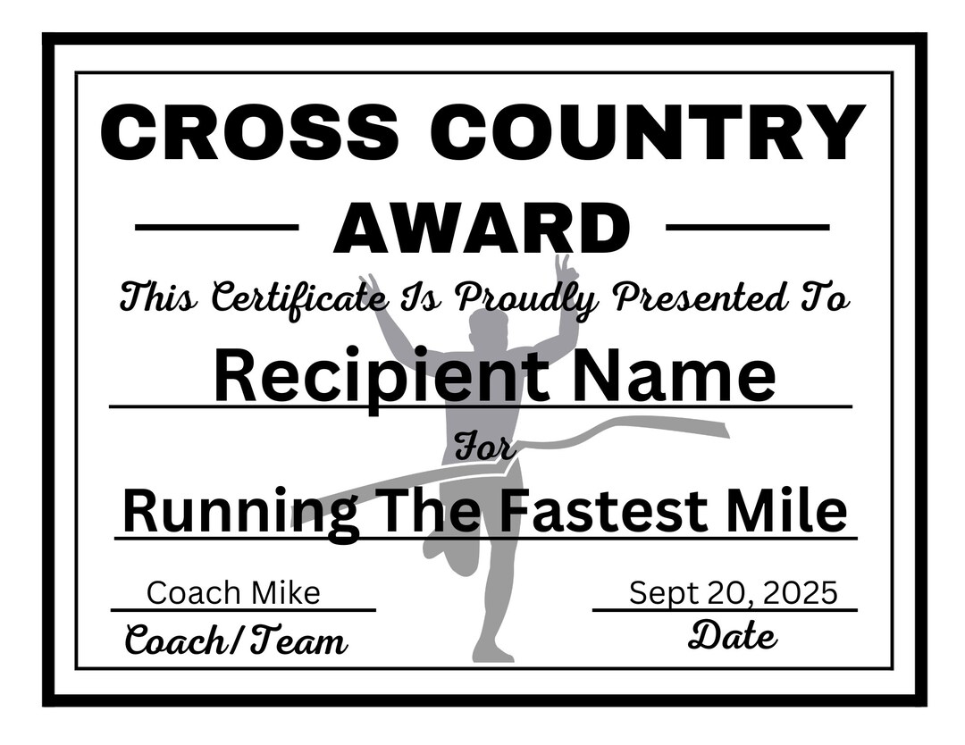 Cross Country Certificate Template Editable Cross Country Award Cross Country Certificate Template Editable Cross Country Award