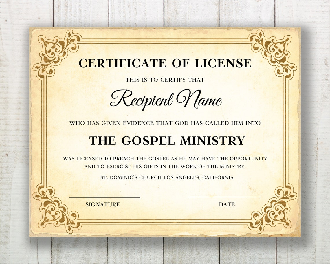 Certificate of License Template Editable License to Preach - Etsy