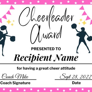 Editable Cheerleading Certificate, Editable Cheer Awards, Printable ...