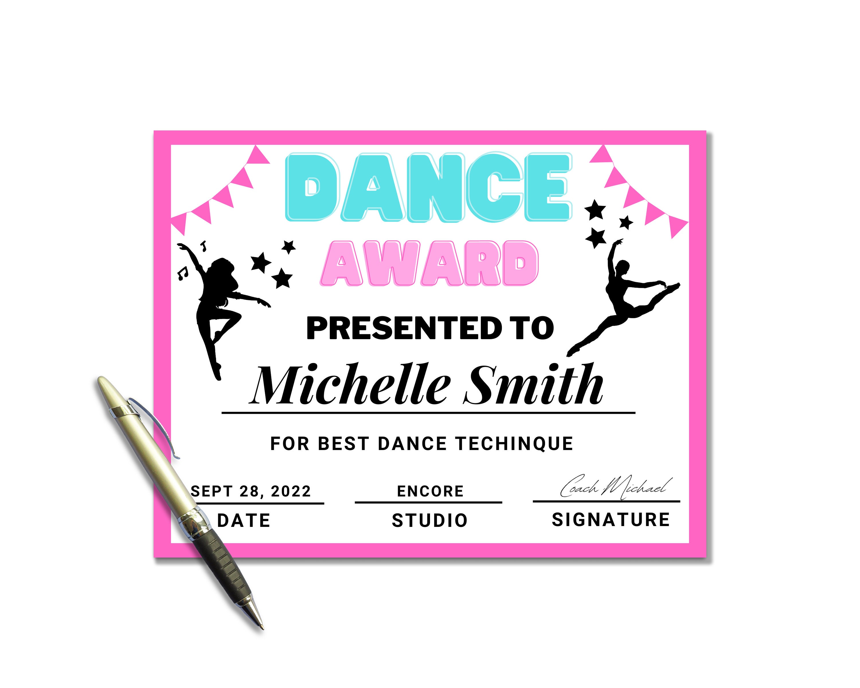Editable Dance Award Certificate, Dance Award Template, Canva Template