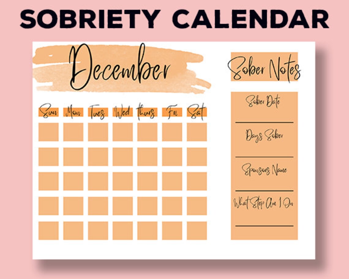 Printable Sobriety Calendar Template Sober Calendar Sobriety Etsy