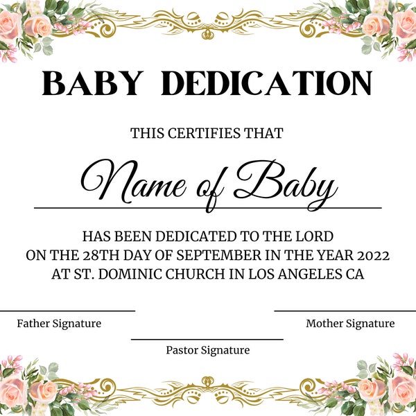 Baby Dedication Certificate Template, Baby Baptism Certificate, Baby Dedication Template, Printable Baby Dedication Certificate