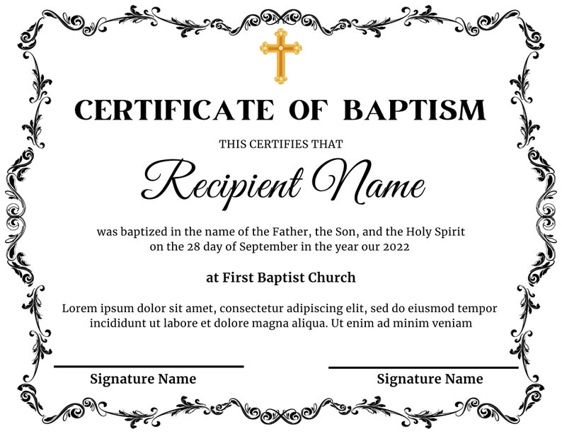 Baptism Certificate Template, Editable Baptism Certificate, Certificate
