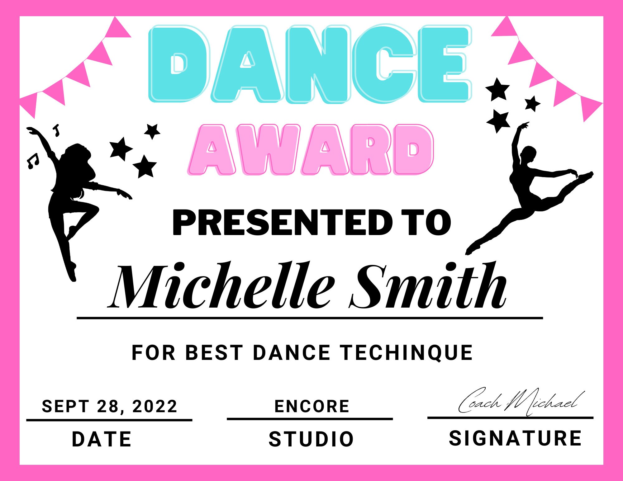 Editable Dance Award Certificate, Dance Award Template, Canva Template