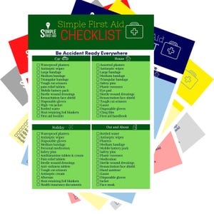5 COLOURED Printable First Aid Kit Checklists for First Aid Bag Download all 5 colours suitable for car, travel, home and out and about