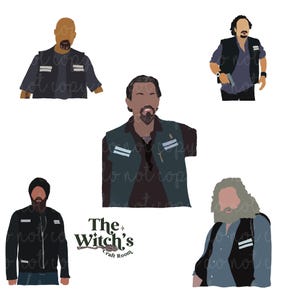 May include: Five digital illustrations of men wearing black leather jackets with white stripes. The men have different hairstyles and facial hair. The text "The Witch's Craft Room" is in the center of the image.