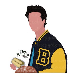Könnte beinhalten: Ein Mann trägt eine blaue und gelbe Collegejacke mit einem großen "B" auf der Vorderseite. Er hält eine Packung Hotdogs von "The Witch's Craft Room".