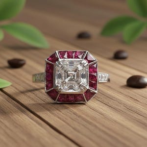Puede incluir: Un anillo plateado con una gran gema clara y cuadrada en el centro, rodeada de gemas rojas cuadradas más pequeñas. El anillo está sobre una superficie de madera, con granos de café y hojas verdes en el fondo.