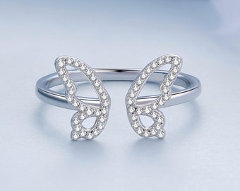 Anillo inspirado en mariposa de puño abierto, anillo de boda de diamantes moissanita de corte redondo, anillo de compromiso único, anillo de plata u oro 925 para mujeres