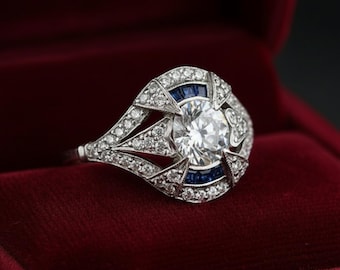 Antique Art Deco Sapphire Engagement Ring, Blue Baguette & Round CZ Stone Vintage Style Wedding Ring, Anniversary Gift For Wife, Retro Ring