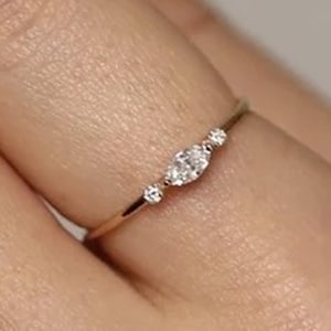 Dainty Ring For Women, Tiny Three Stone Ring, East West Marquise Moissanite Diamond Wedding Ring, Engagement Proposal Ring, Daily Wear Ring