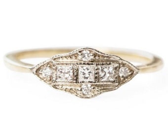 Minimalist Art Deco Ring, Vintage Style Dainty Ring, Art Navette Yellow Gold Ring, Princess & Round Moissanite Diamond Ring, Milgrain Ring