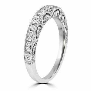 Antique Art Deco Half Eternity Band Ring, Milgrain Filigree Band Ring, Round Moissanite Diamond Engagement Band, Vintage Style Promise Band