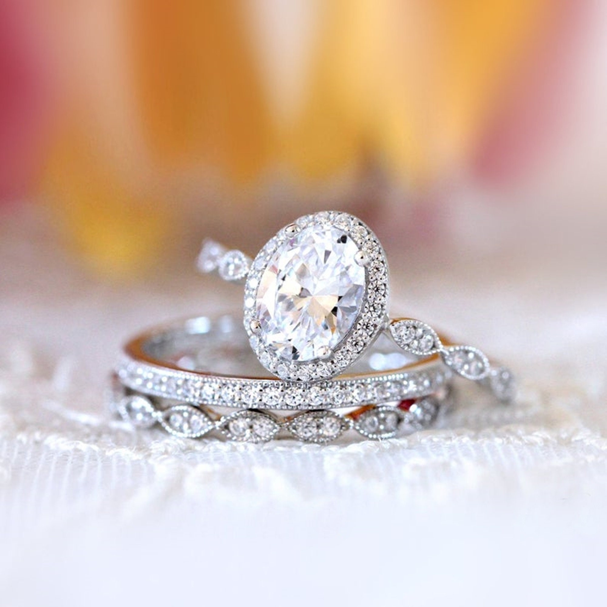 97MM Oval Cut Engagement Ring Set Stackable Wedding Ring Etsy