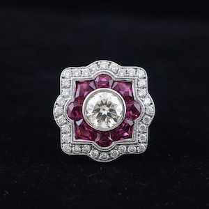 Art Deco Ruby Gemstone Ring, Old European Cut CZ Stone Women's Ring, 14k Gold Bezel Set Wedding Ring, Double Halo Engagement Proposal Ring