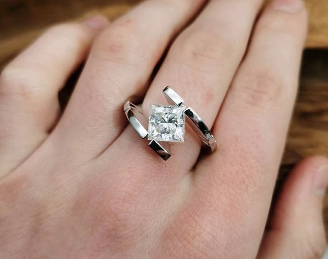 tension set engagement ring princess cut. engagement rings guide. Princess Moissanite Diamond Solitaire Wedding Ring Tension image 4