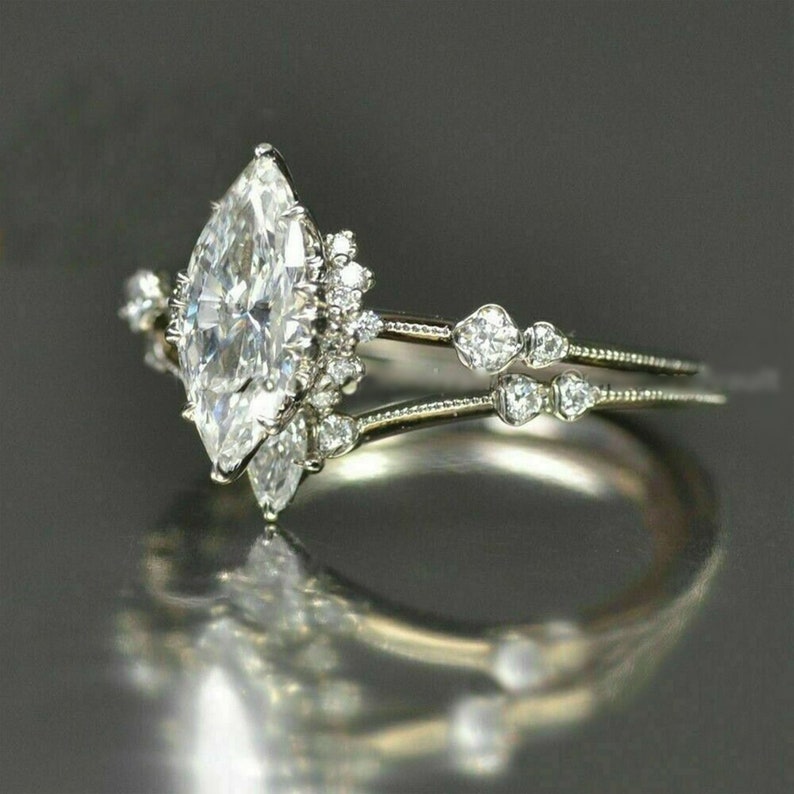Elegant Marquise With Round Cut Diamond Ring, 14K White Gold Or Silver Rig, Navette Ring, Curved V Shape Ring, Wedding Engagement Ring image 2