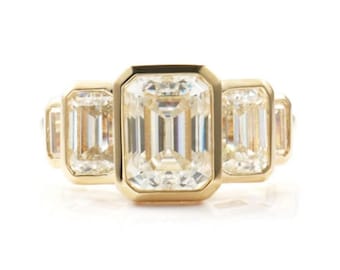 Bezel Set Five Stone Ring, Emerald Cut Moissanite Diamond Wedding Ring, Anniversary Gift For Wife, Women's Engagement Ring, Christmas Gift