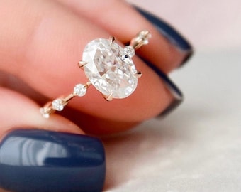 3.31TCW Oval Cut Moissanite Diamond Ring, Classic Solitaire With Accents Ring, Minimalist Daily Wear Ring, Dainty Pave Set Engagement Ring