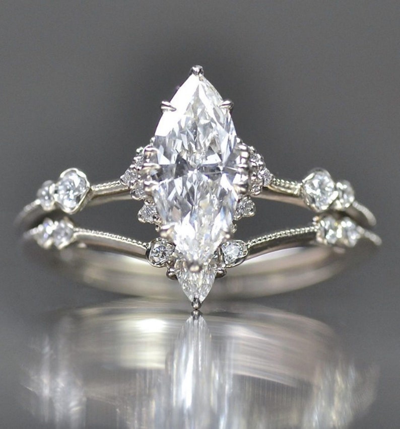 Elegant Marquise With Round Cut Diamond Ring, 14K White Gold Or Silver Rig, Navette Ring, Curved V Shape Ring, Wedding Engagement Ring image 1