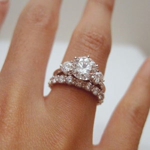 Three Stone Ring With Half Eternity Band, Round Cut Moissanite Diamond Wedding Ring Set, Engagement Proposal Ring Set, Stackable Ring Set
