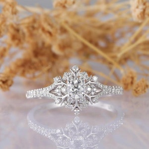Anillo de moissanita redonda con diamante, anillo de compromiso con forma de copo de nieve, anillo de propuesta de matrimonio, anillo de plata 925 o oro, regalo para novia, regalo de cumpleaños