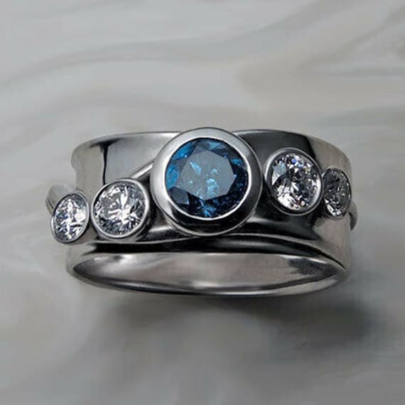 Blue & White Round Cut CZ Stone Ring, Bezel Set Five Stone Wedding Gift Ring, Anniversary Gift For Husband, Engagement Ring, Daily Wear Ring