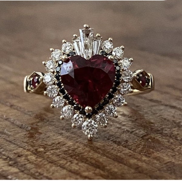 Stunning Garnet Heart Cut CZ Stone Ring, Unique Double Halo Ring, Multi Color Stone Bridal Ring, Anniversary Gift Ring, Woman's Wedding Ring