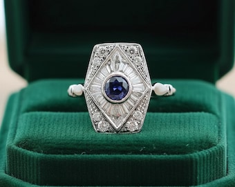 Kite Shape Sapphire Vintage Style Ring, Blue Round & Baguette Cut CZ Stone Edwardian Milgrain Ring, Halo Wedding Bridal Ring, Victorian Ring