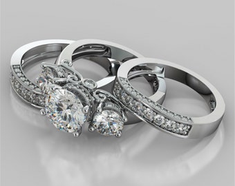 Woman&#39;s Trio Ring Set, Round Cut Moissanite Diamond Ring Set, 3 Piece Ring Set, Wedding Bridal Ring Set,Antique Milgrain Engagement Ring Set
