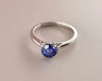 Blauwe saffier ronde geslepen CZ stenen ring, Halo verlovingsring, 925 zilveren edelsteen ring, vrouw dagelijkse slijtage ring, trouwbelofte ring voor haar