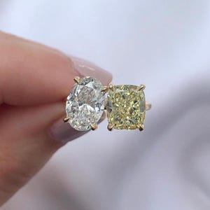 Yellow Cushion & White Oval Cut CZ Stone Toi Et Moi Ring, 18K Yellow Gold Dual Stone Ring, You And Me Engagement Ring, Wedding Proposal Ring
